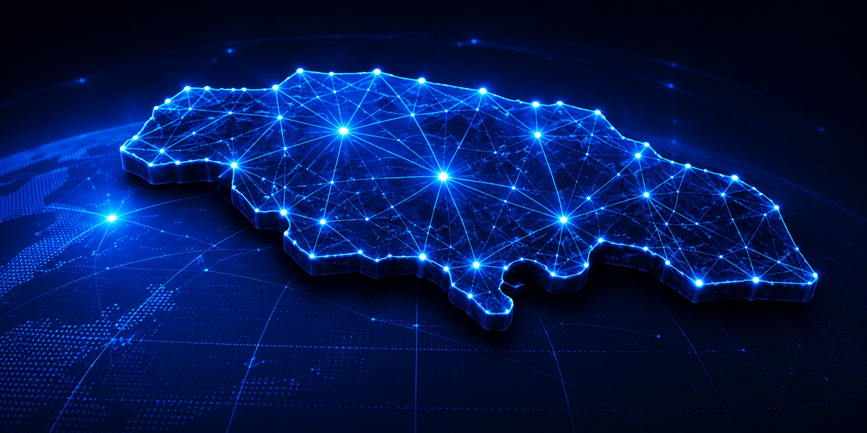 Glowing digital map of Jamaica connected by a network of lights